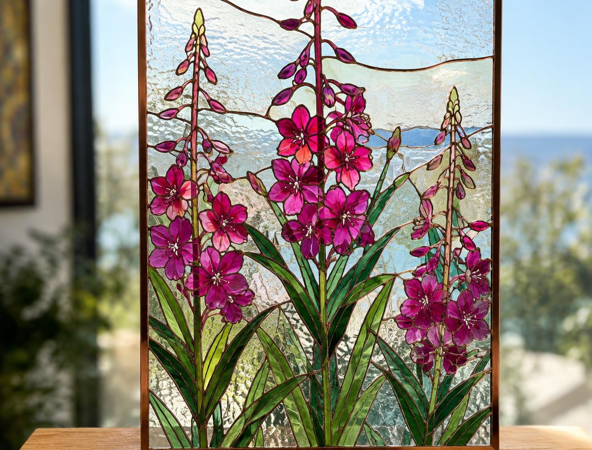 Fireweed flowers rendered in copper foil stained glass