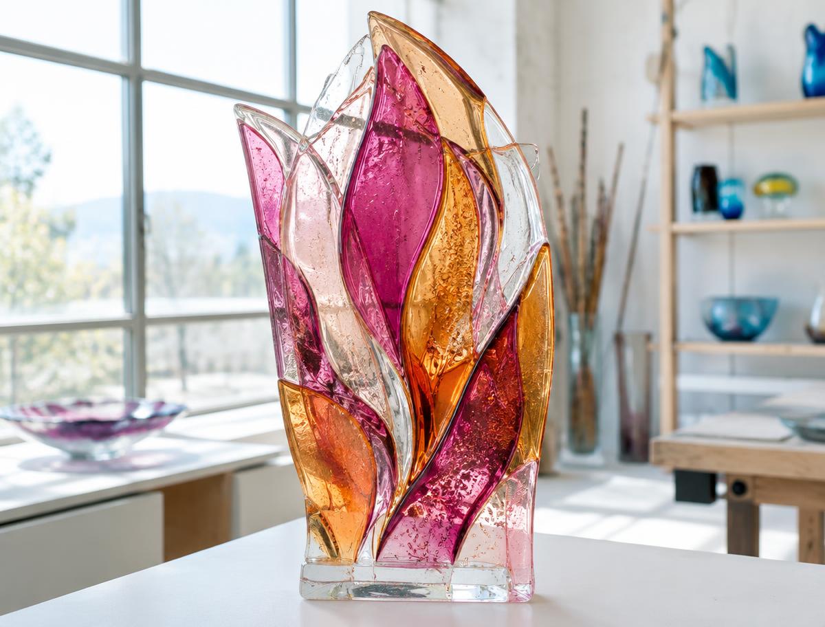 Layered fused glass sculpture in magenta and amber