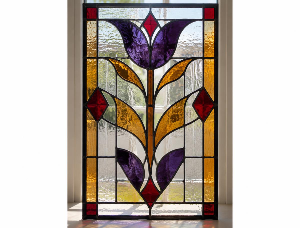 Botanical leaded glass panel in violet and amber